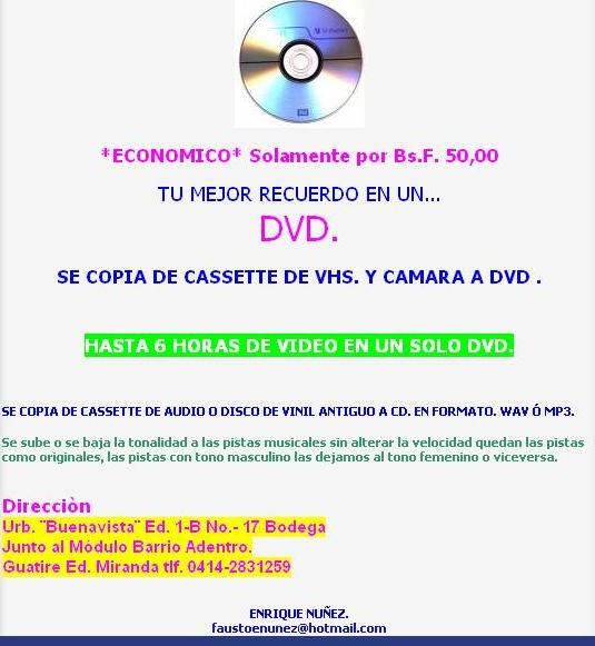 SE COPIA DE CASSETTE DE VHS. Y CAMARA A DVD