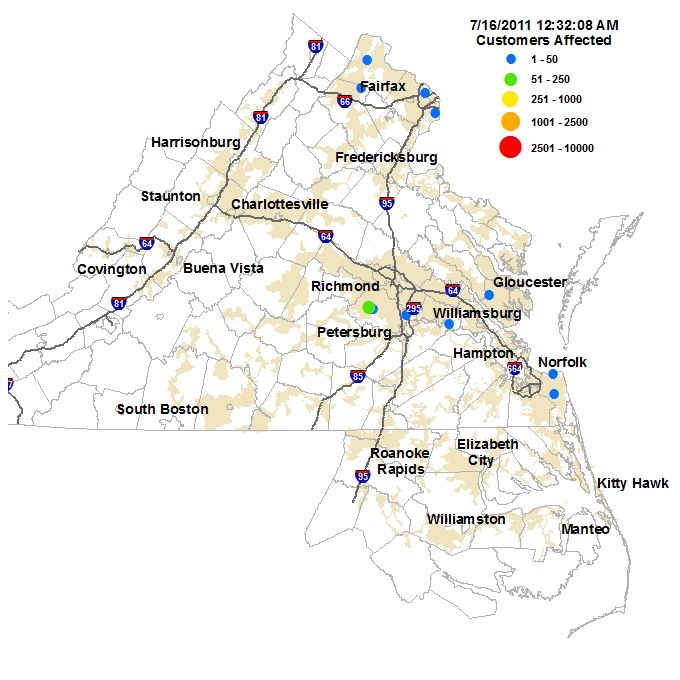 Dominion Virginia Power Outage Map 7/16/2011 12:08 AM This Morning