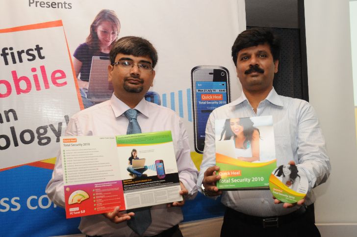 Quick Heal MD Mr. Kailash Katkar & VP Sales & Mkt Mr. Abhijit Jorvekar at PC2 Mobile Launch Press Conference in Hyderabad